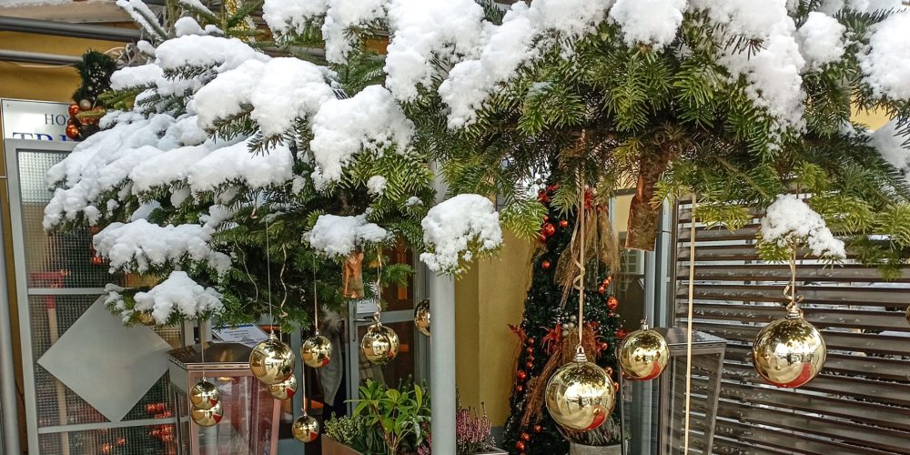 Tannenzweige mit Weihnachtskugeln und Schnee beim Hoteleingang | Hotel Triest Tannenzweige mit Weihnachtskugeln und Schnee beim Hoteleingang | Hotel Triest